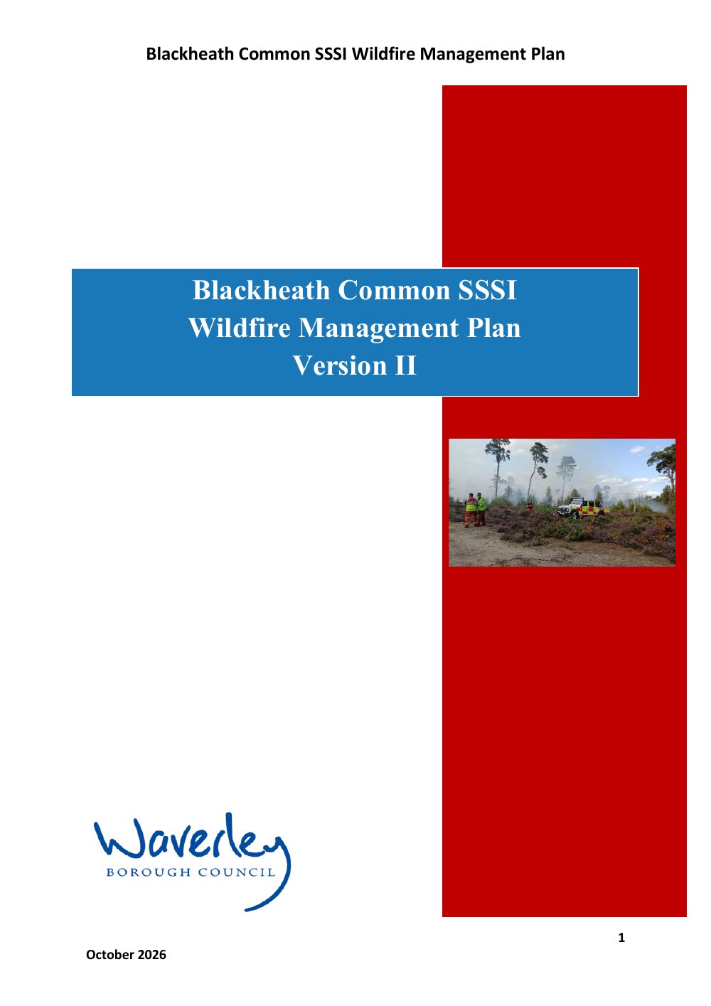 Cover of the Blackheath Common SSSI Wildfire Management Plan Version II, Waverley Borough Council, October 2026