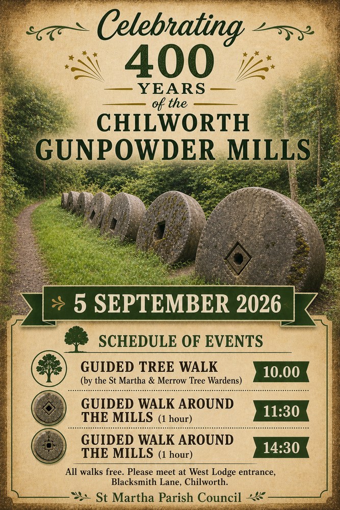 Poster celebrating 400 years of the Chilworth Gunpowder Mills, Saturday 5 September 2026, with the schedule of guided walks