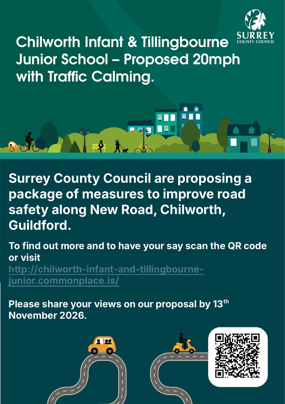 Surrey County Council poster: Chilworth Infant and Tillingbourne Junior School, proposed 20mph with traffic calming. Have your say by 13 November 2026